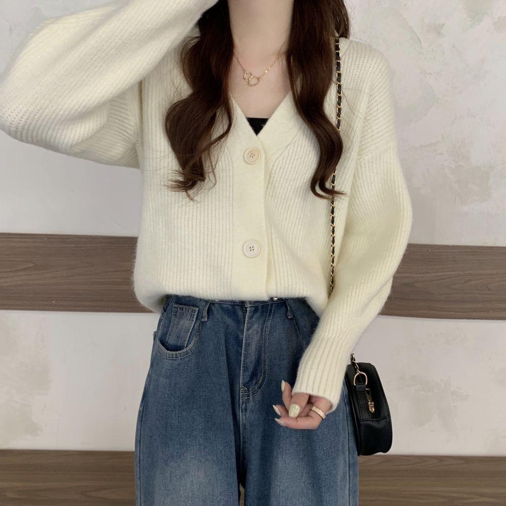Vintage v-neck knitted cardigan jacket spring and autumn new loose lazy wind soft waxy sweater women