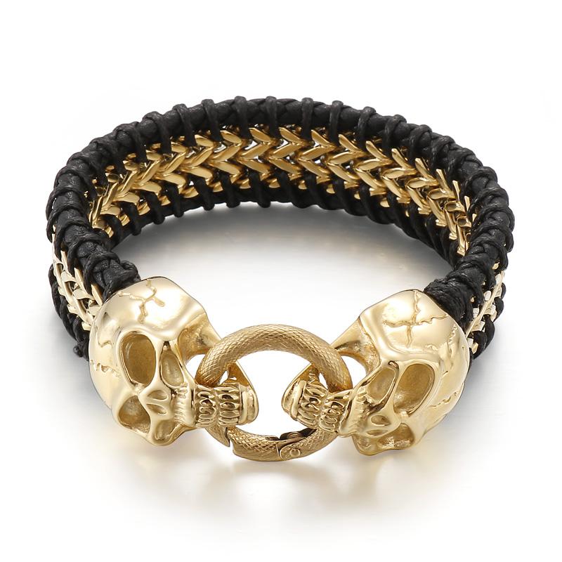 KALEN Punk Skull Fashion Jewelry Bracelets Stainless Steel Cowhide Leather Bracelet Bangle