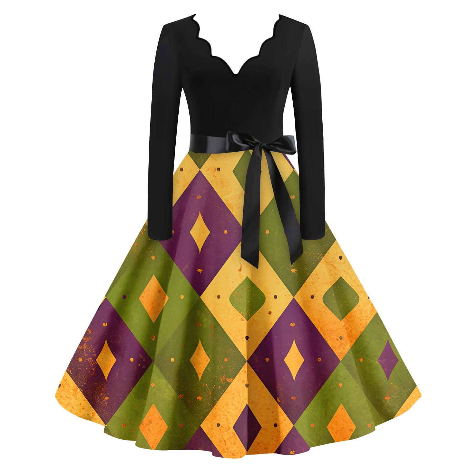 

Женское повседневное модное платье с V-образным вырезом и длинным рукавом с принтом в винтажном стиле L