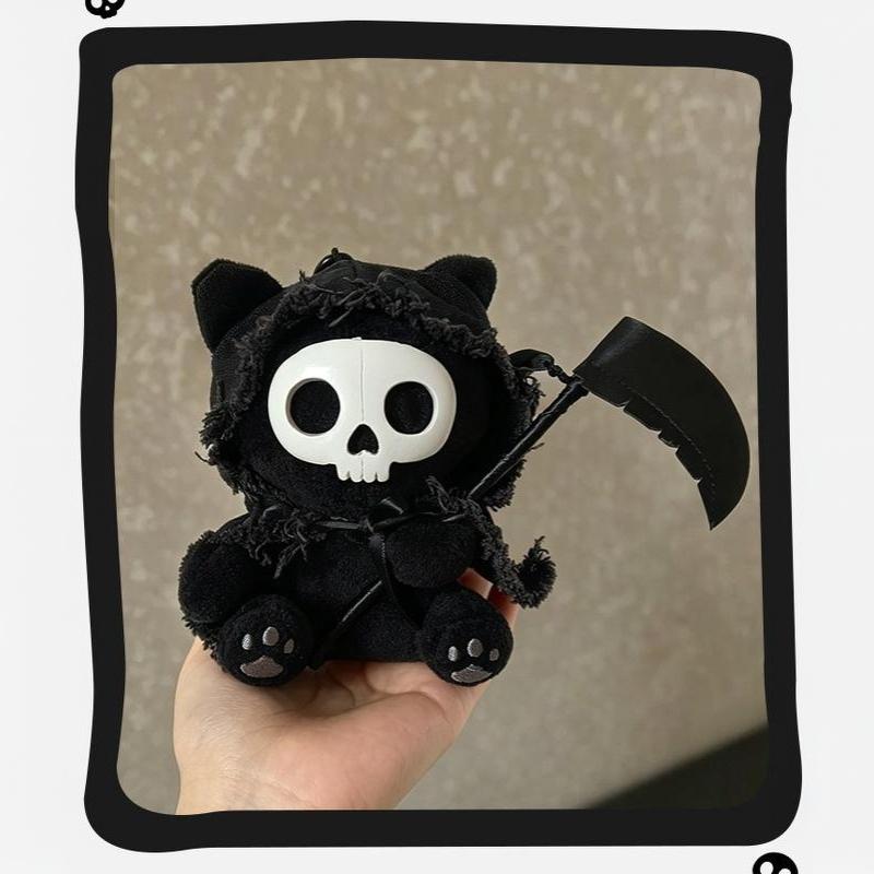 Grim Reaper Cat Plush Keychain Dark Style Skull Cat Doll Pendant With Scythe For Backpack Halloween Party Decoration Gift