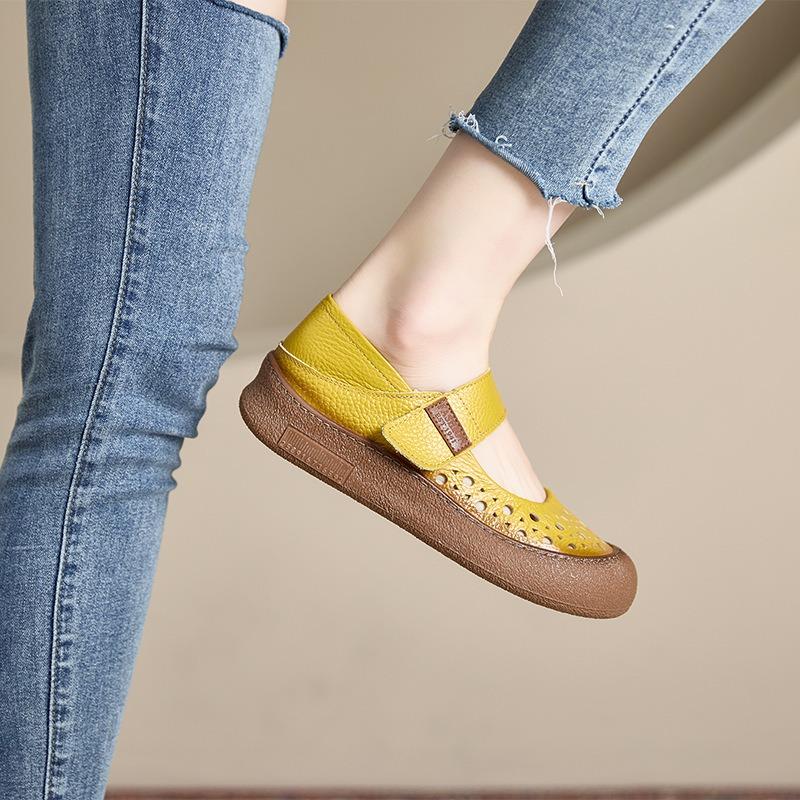 The first layer of cowhide retro genuine leather women's head summer new flat-bottomed Velcro hollow women's casual shoes