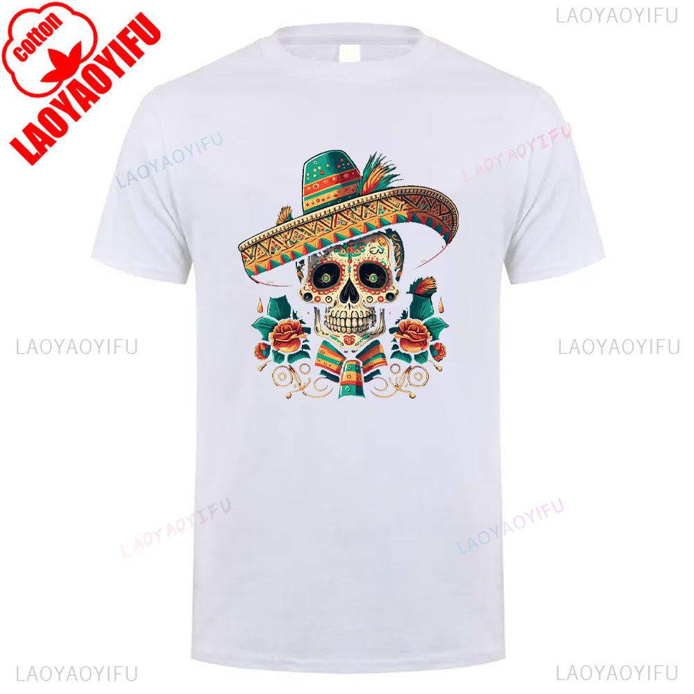 Cotton Summer Short Sleeve Mexican Skull Unisex Tee Round Neck Breathable Vintage Pattern Graphic Shortsleeved Launched Top