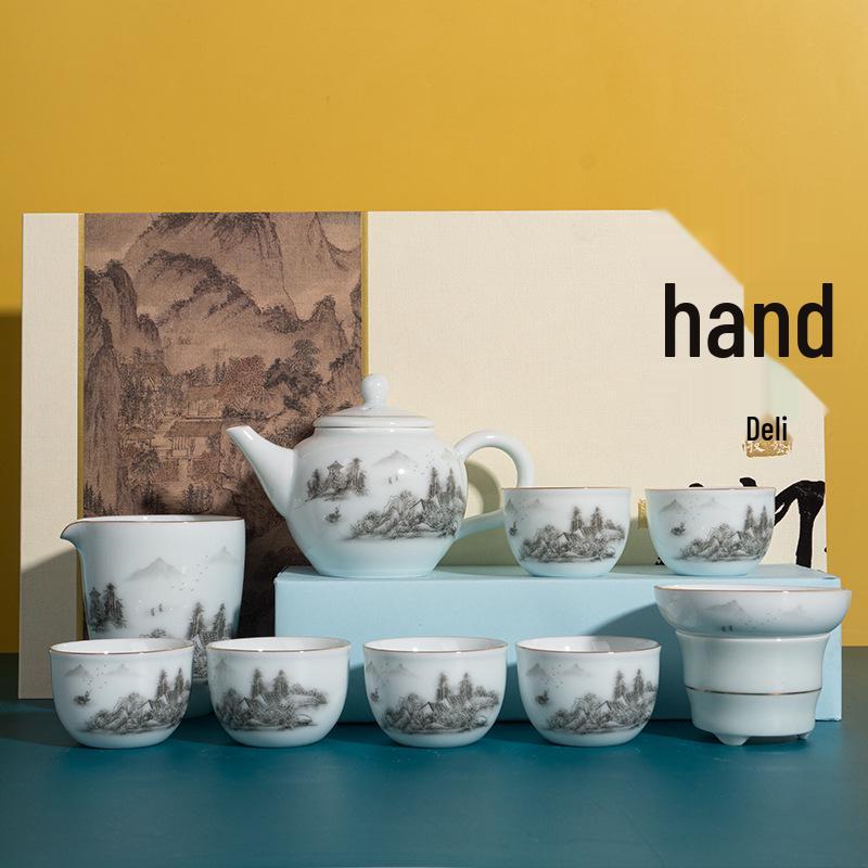 Celadon White Porcelain Tea Set with Gold Landscape: Complete Chinese Gaiwan Teapot and Teacup Set for Kung Fu Tea.