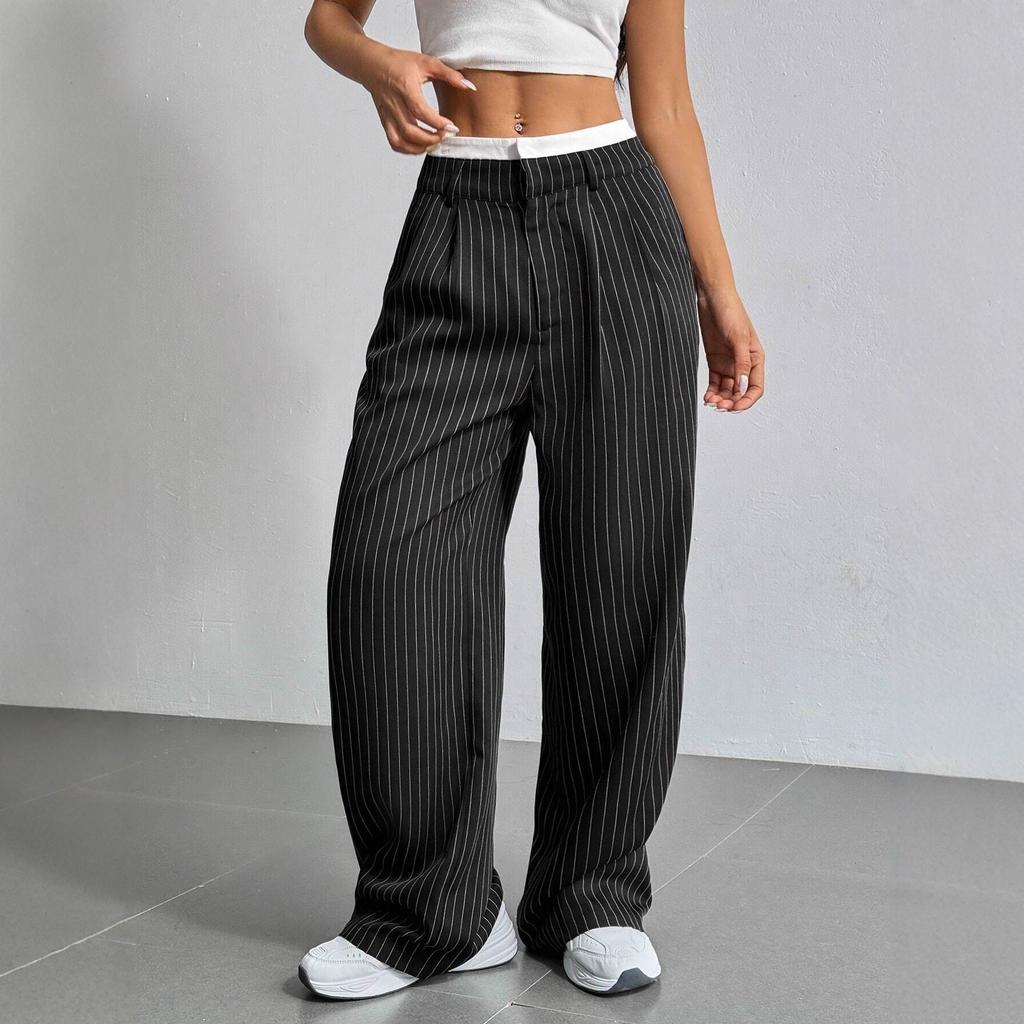Women's High Waist Wide Leg Pants with Pleated Detail and Contrast Waistband