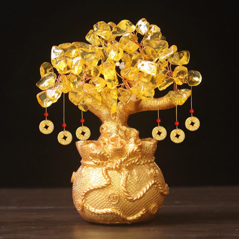 Feng Shui Art Decoration Tabletop Lucky Wealth Tree 19cm 14cm Delicate Yellow Crystal Money Tree Ornament Home Office Shop