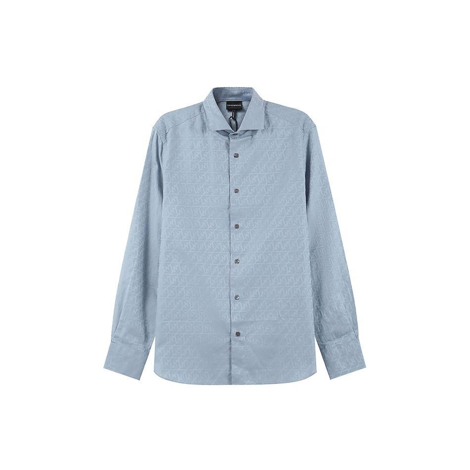 Emporio Armani Ss23 Pattern Printed Polo Collar Button Long Sleeve Shirt Men Shirts Gray Blue 3R1C86-1K0DZ-F748