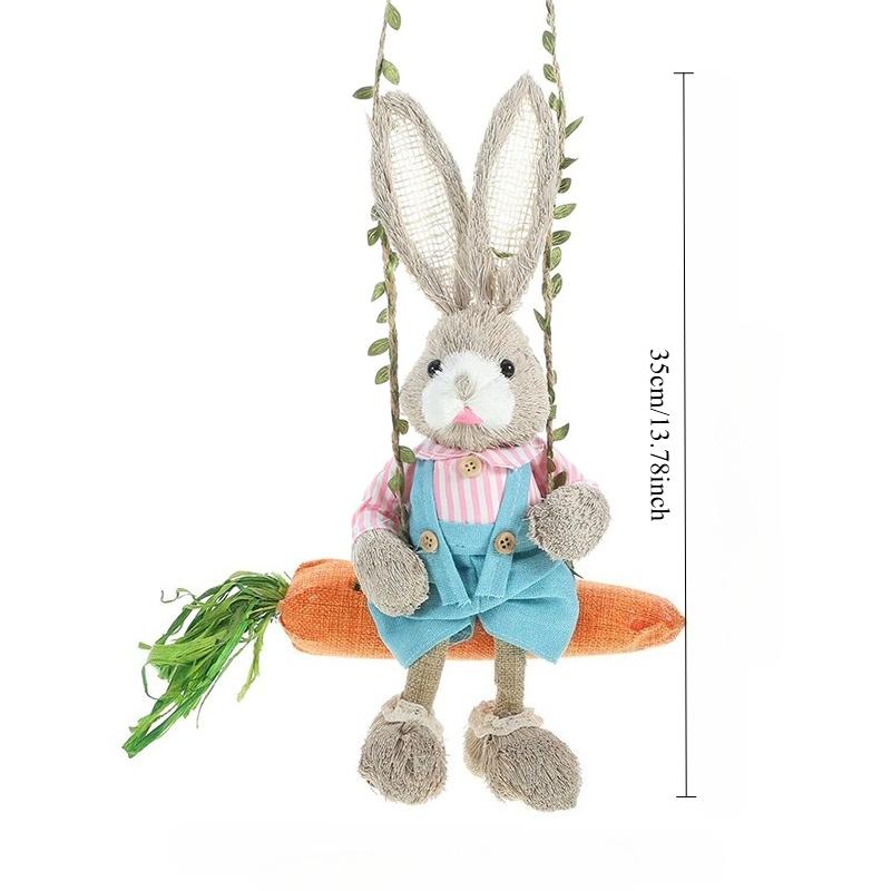 13.8Inch Easter Rabbit Decoration Swing Bunny Figure Straw Craft Ornament For Home Holiday Cute Bunny Easter Decoration
