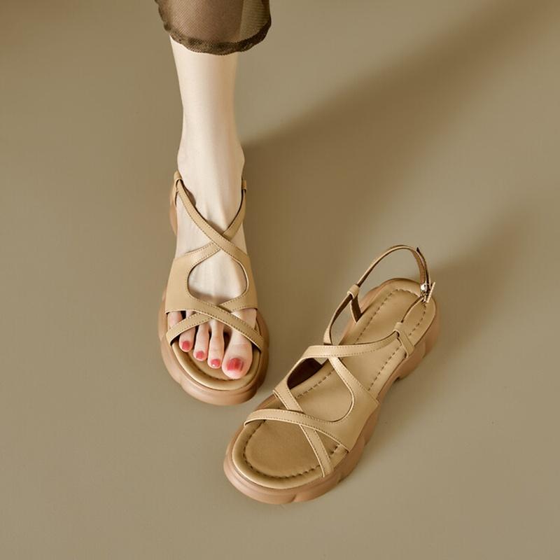 Fashion NEW Summer Women Sandals Round Toe Thick Heel Shoes Split Leather Shoes for Women Narrow Band Handmade Shoes Platform Sandals