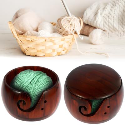 Wooden Yarn Bowl Round Crochet Bowl Holder with Holes Pine Knitting Yarn Bowls Wooden Weaving Thread Bowl with Lid Portable