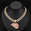 Personalized Full Diamond Red Lip Pendant for Men, Trendy Cuban Chain Hollow Out Alloy Rhinestone Sexy Lip Necklace