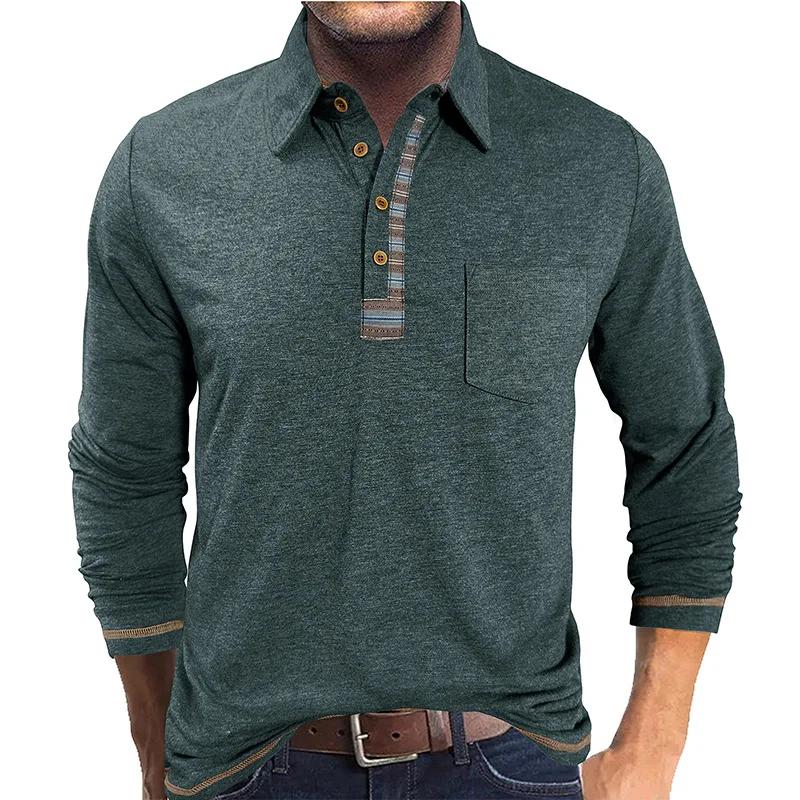 Spring Autumn Men's Business Casual Polos Long Sleeve Polo Shirt Patchwork Button-Down Collar Fashionable Bottom Pocket Tops
