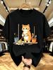 Unisex O Neck Tee Sweeping Cat Cartoon Graphic Print Cotton Short Sleeve Loose Summer Breathable Daily Casual Basic Wear Top