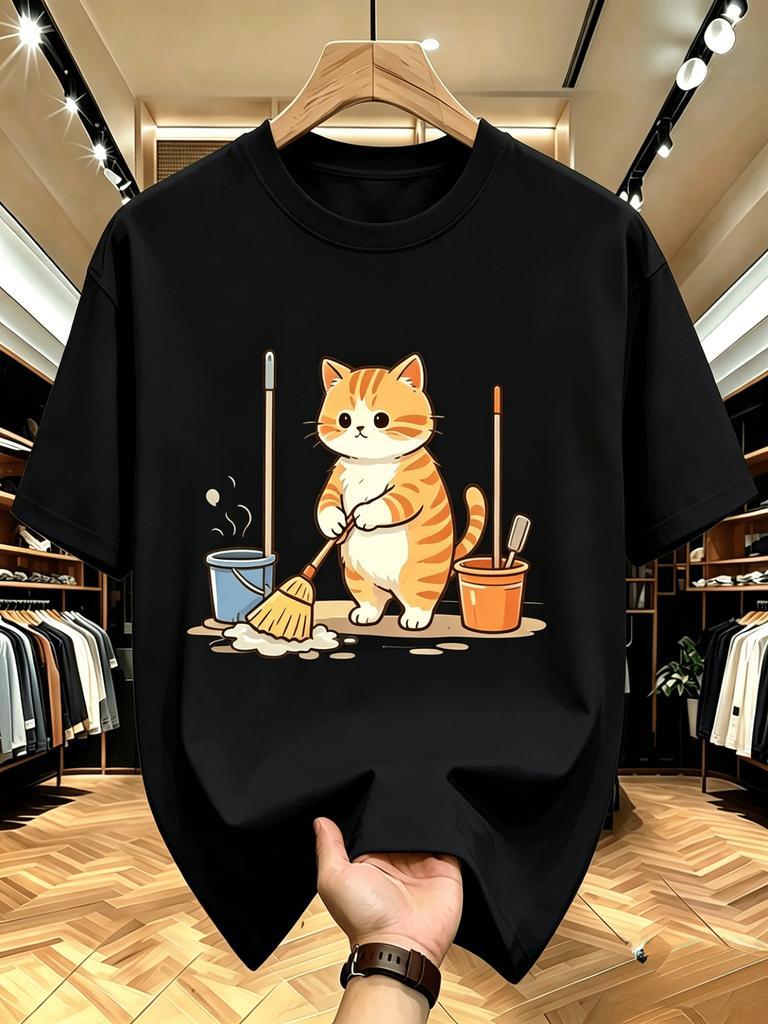 Unisex O Neck Tee Sweeping Cat Cartoon Graphic Print Cotton Short Sleeve Loose Summer Breathable Daily Casual Basic Wear Top