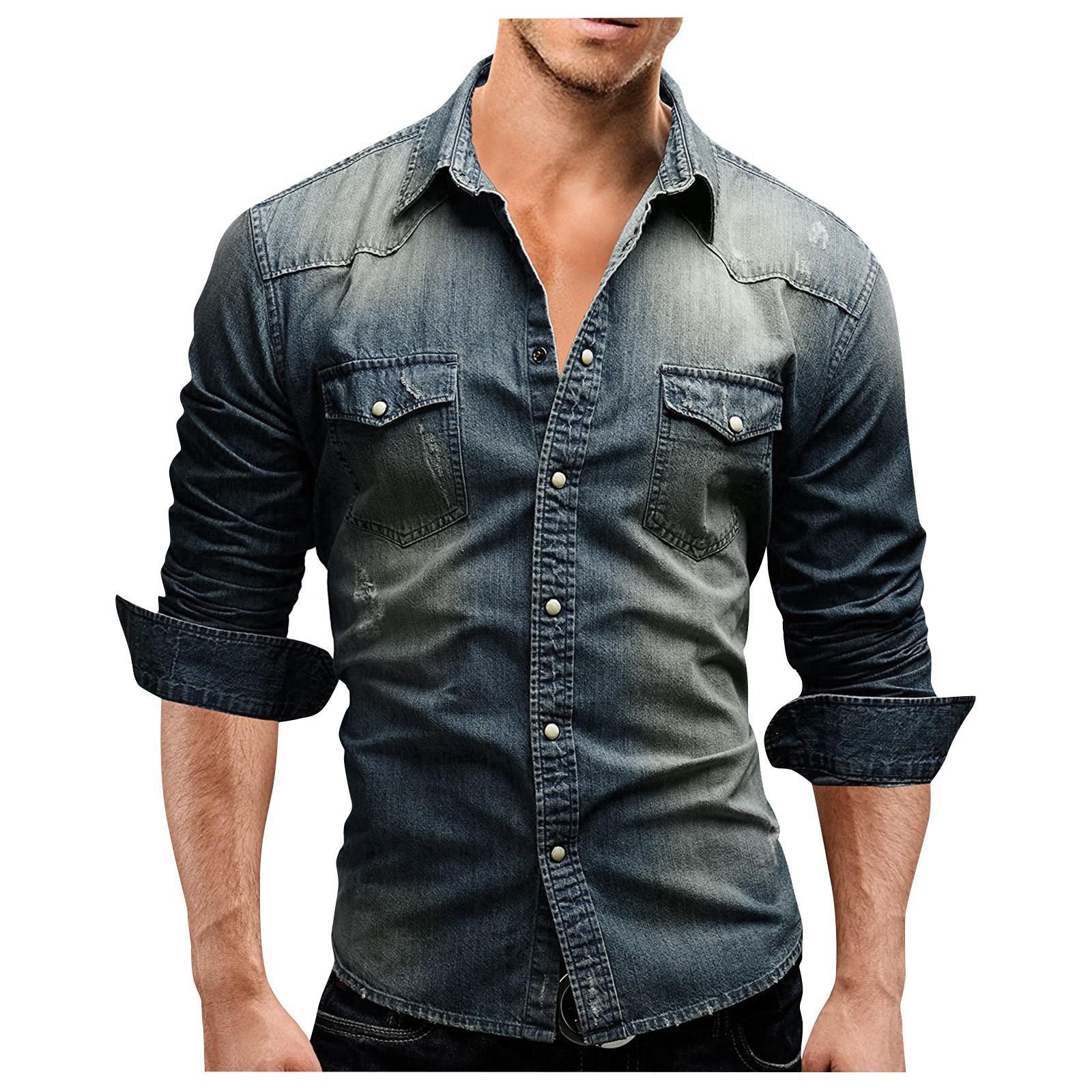 Men s Long Sleeve Lapel Collar Denim Contrast Color Shirt Men s Tops XXXL