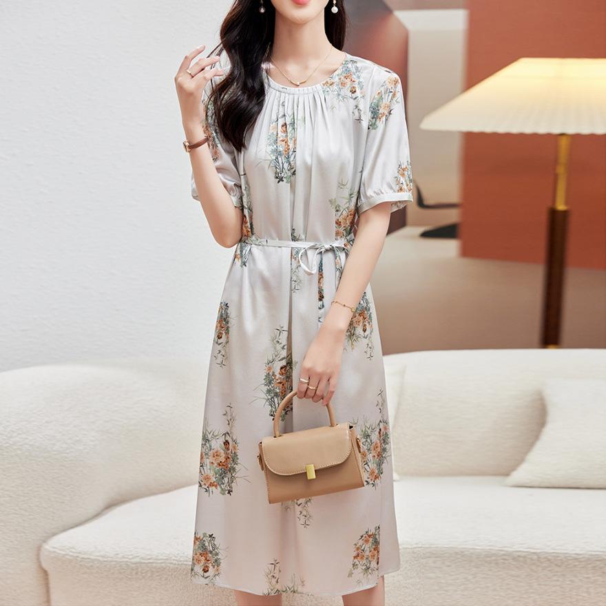 

Тяжелое шелковое платье женское летнее новое с принтом эластичный атлас дизайн легкой роскоши юбка из шелка-тусса 3XL