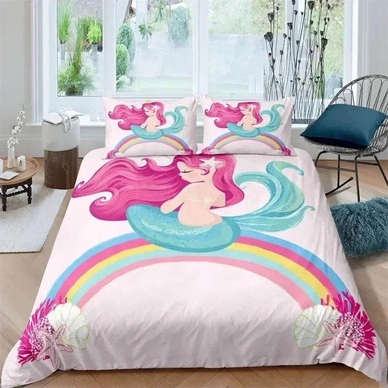 Modern Cartoon Mermaid Toddler Bedding Set Duvet Cover Sheet Printed Bed Set Pillowcase Full Queen King Size Comforter Bedroom
