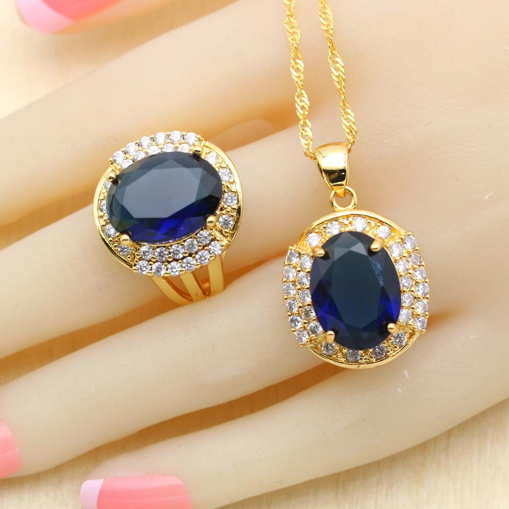 Dark Blue Stones Gold Color Bridal Jewelry Sets For Women Drop Earrings Necklace Pendant Bracelet Rings Free Gift Box Wpaitkys