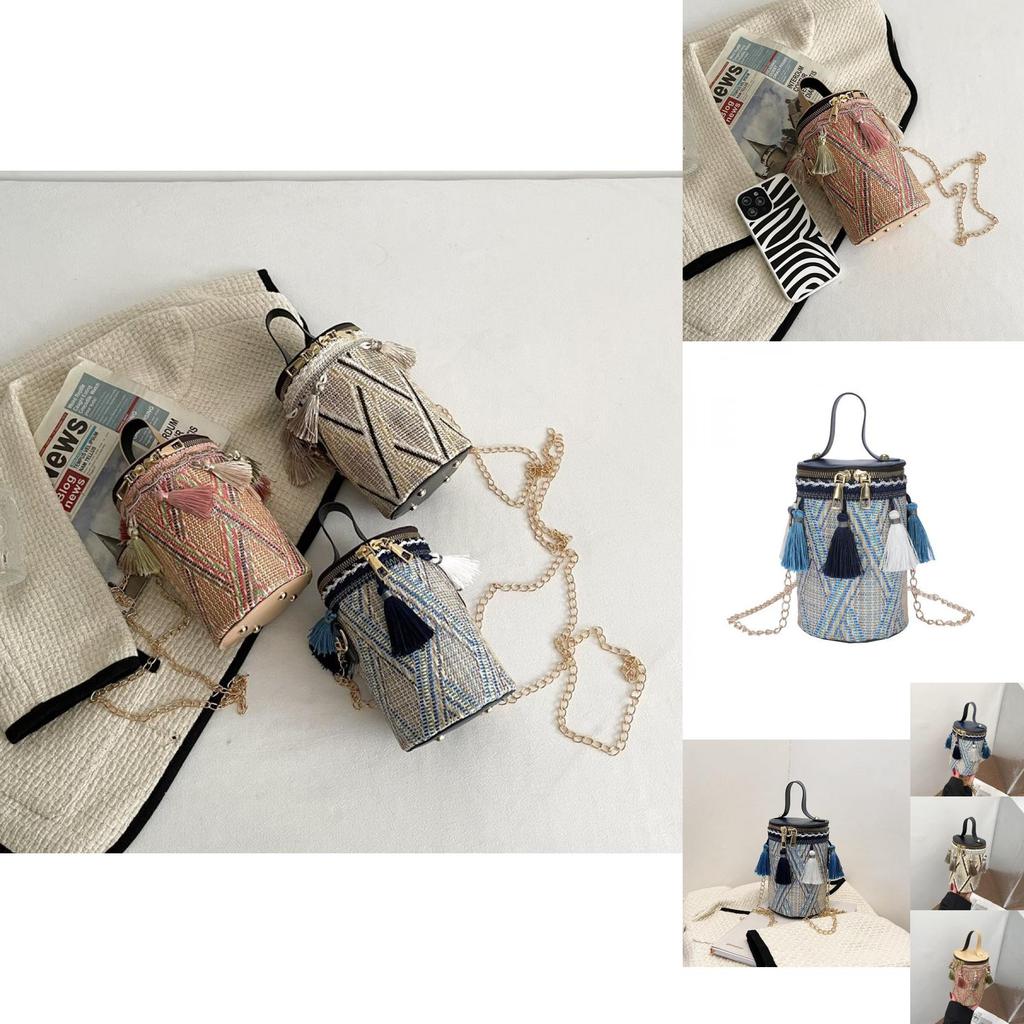 Stylish Round Box Bag For Women In Ethnic Design Soft Weave With Tassel Detail