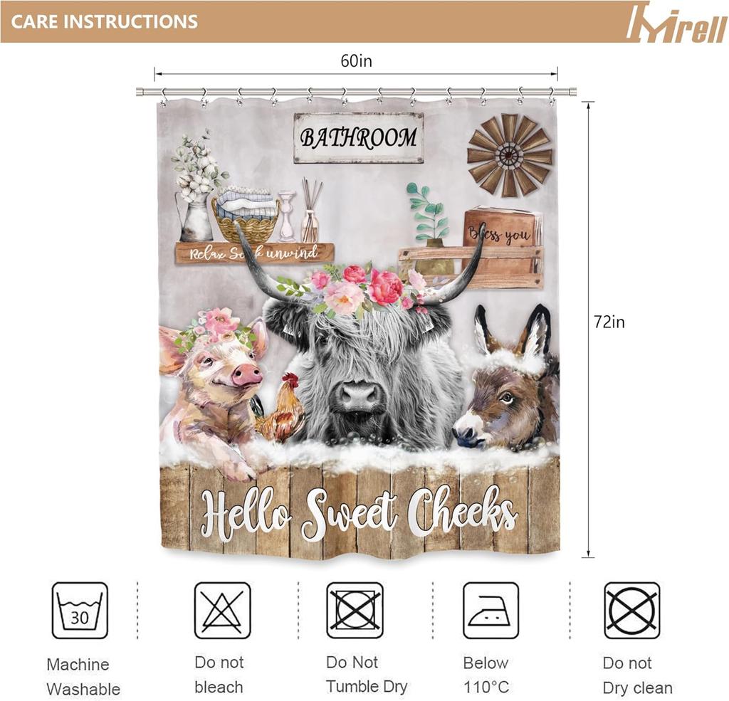 Imirell Rustic Highland Cow Shower Curtain 60Wx72H Inches Farm Funny Animal Farmhouse Donkey Chicken Pig Flower Wooden Country W