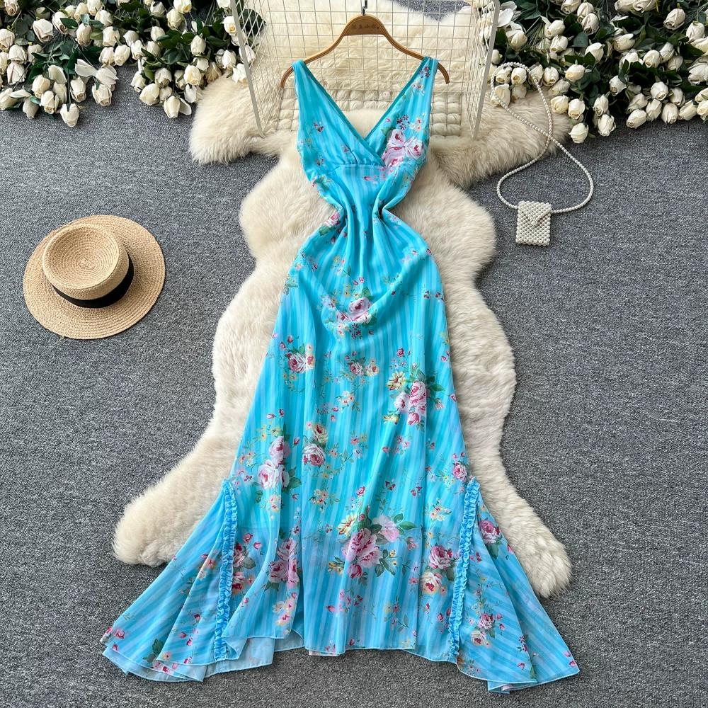 Women s Summer Vacation-Style Blue Floral Spaghetti-Strap Dress Sexy V-Neck Backless Ruffled Splice Slim Elegant Maxi Dress S синий