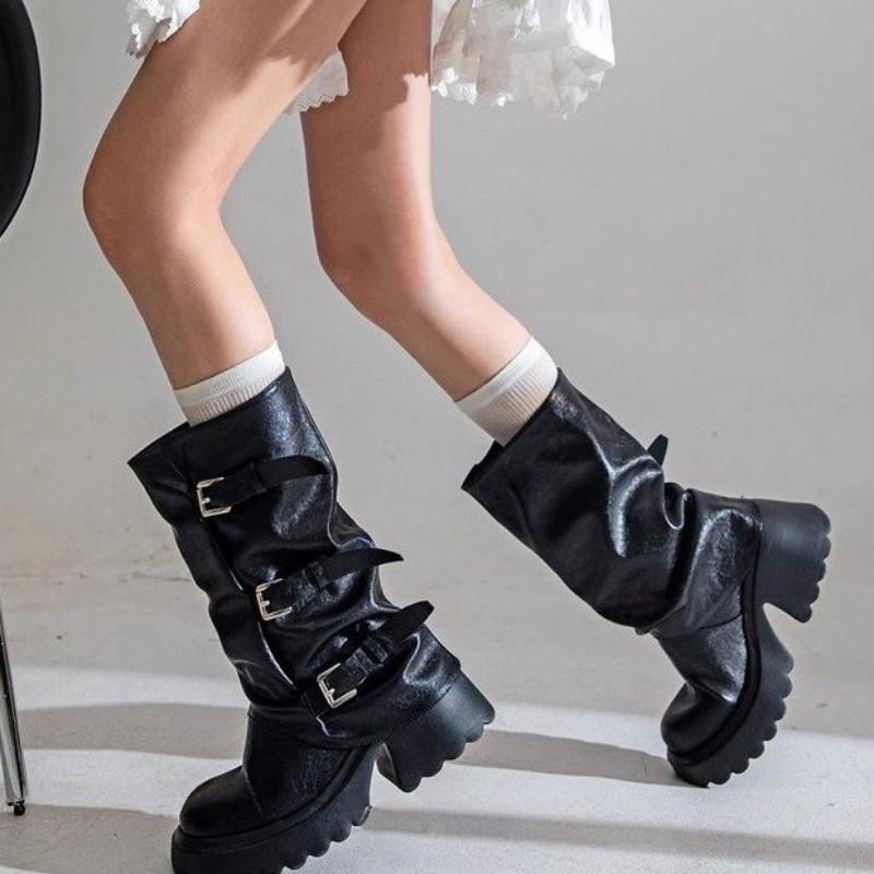 

Чоботи Жіночі Кремово-білі Круглий носок Пряжка на ремені Чоботи-штани На маленькій товстій підошві Середні Лицарські чоботи 39 чорний