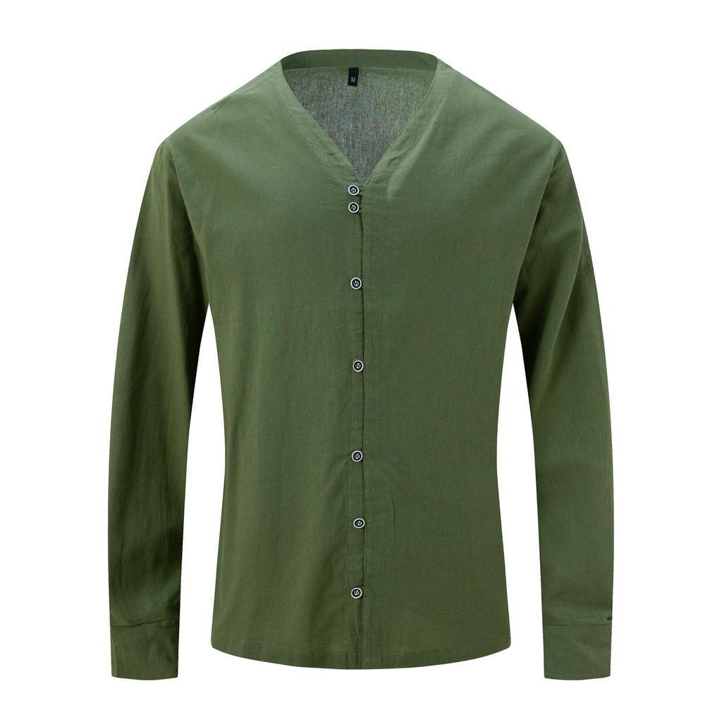Camicie da Uomo Collo Alto 7 Bottoni Camicia Manica Lunga Tinta Unita Cotone Vintage Taglie Forti Top