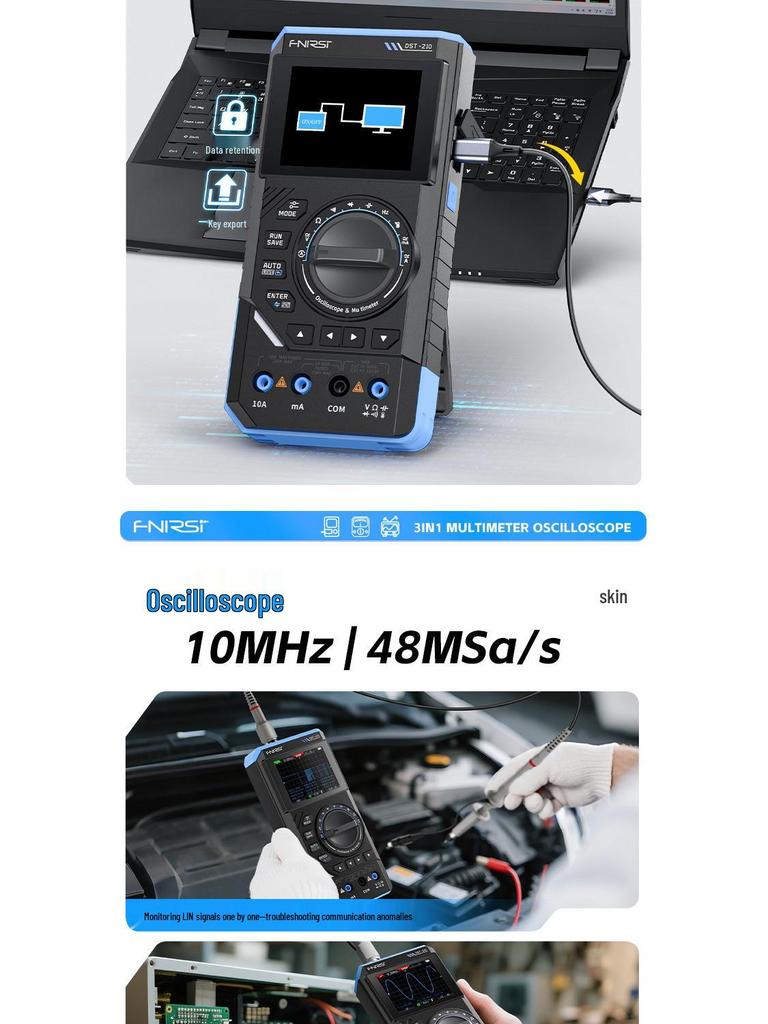 FNIRSI DST210/201 3-in-1 Multimeter: 10M Bandwidth, Oscilloscope, Signal Generator.