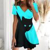 Moda Estiva Donna Scollo a V Manica Corta Stampa Gatto Vestito Corto Sexy Vestiti