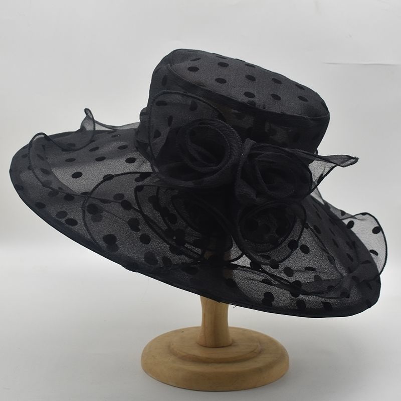 Women's Retro Polka Dot Organza Sun Hat - Wide Brim Mesh Derby Hat with Floral Accent, Black & White Patterned Design, Perfect for Beach, Outdoor