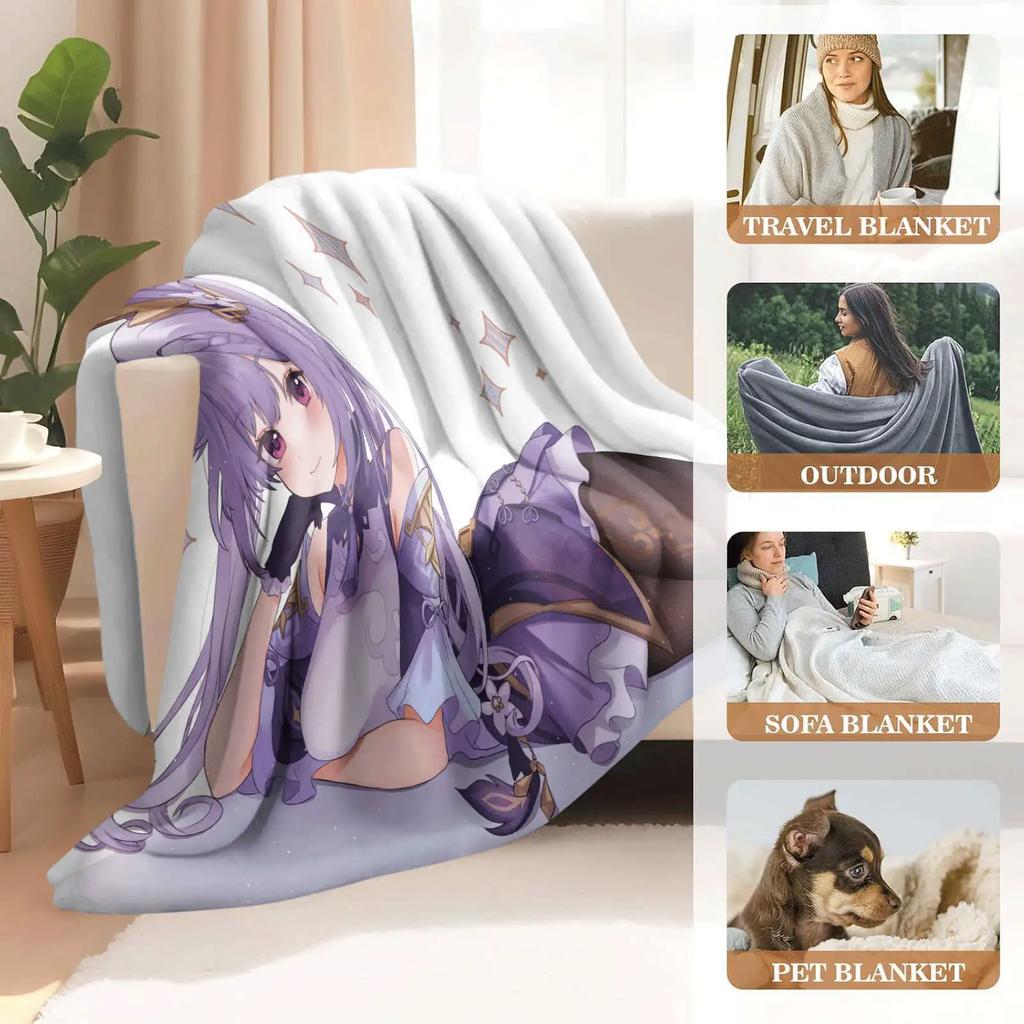 Cartoon Genshin Impact Keqing Flannel Blanket Cover Warmth Soft Anime Blanket Multifunctional Decor Home Universal Blankets