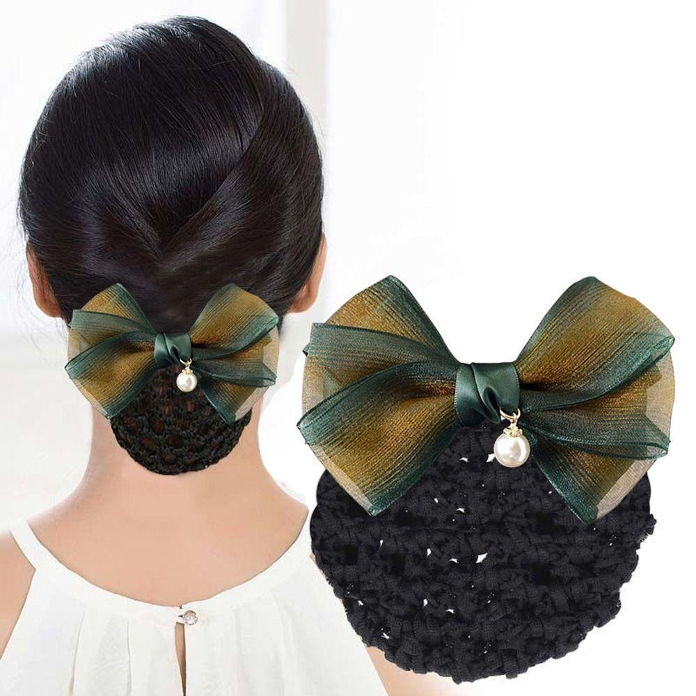 Hotel Attendant Hair Clip Bowknot Bun Snood Spring Clip Bowknot Hairgrips Net Cover  Dance