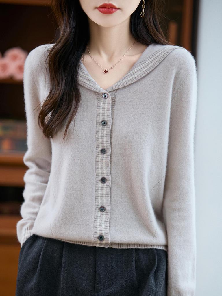Women's Navy Color-Block Wool Cardigan - 100% Pure Wool, Loose Fit, Lapel Knit Design