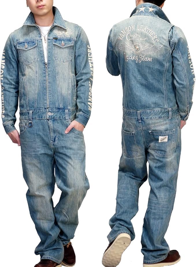 

Vanson Men s Flying Star Embroidered Jumpsuit/All-in-One Workwear (nvao-301) (L, Indigo-B (Distressed))