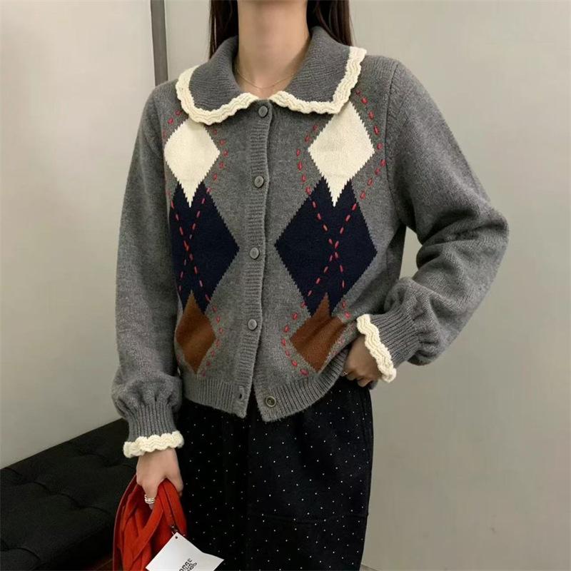 Korean retro rhombus knitted cardigan women's autumn new college style sweater jacket loose and thin versatile top