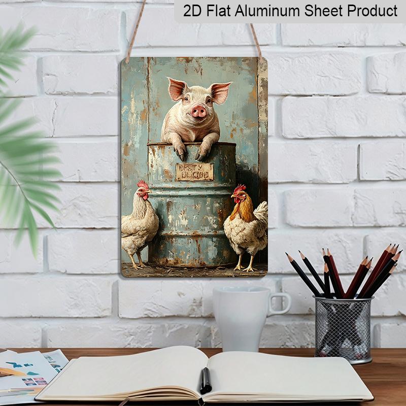 2D Flat, 1pc Rustic Farmhouse Vintage Metal Sign - 8x12 Inch Aluminum Wall Plaque with Whimsical Pig & Chicken Design, No Electricity Needed, Easy