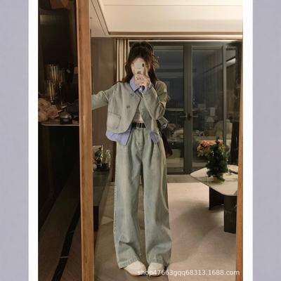 A Complete Set of Temperament Korean Version Denim Suit Fashionable and Fashionable Autumn Long-sleeved Top High Waist Straight Wide Leg Two-piece Set