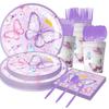Purple Butterfly Themed Party Tableware Set: Includes Tablecloth, Plates, Cups, Napkins, and Decorations. Perfect for Birthday Celebrations.