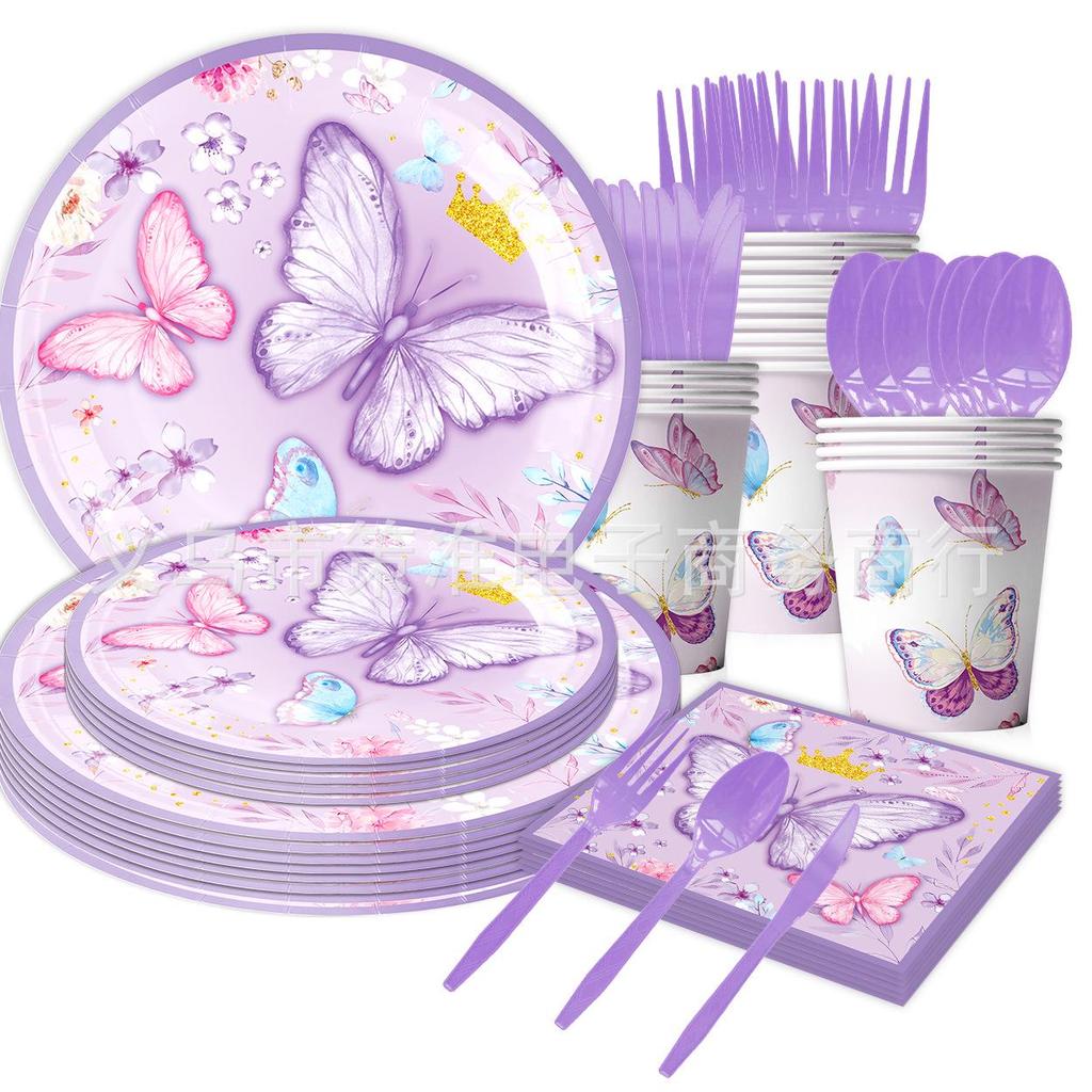 Purple Butterfly Themed Party Tableware Set: Includes Tablecloth, Plates, Cups, Napkins, and Decorations. Perfect for Birthday Celebrations.