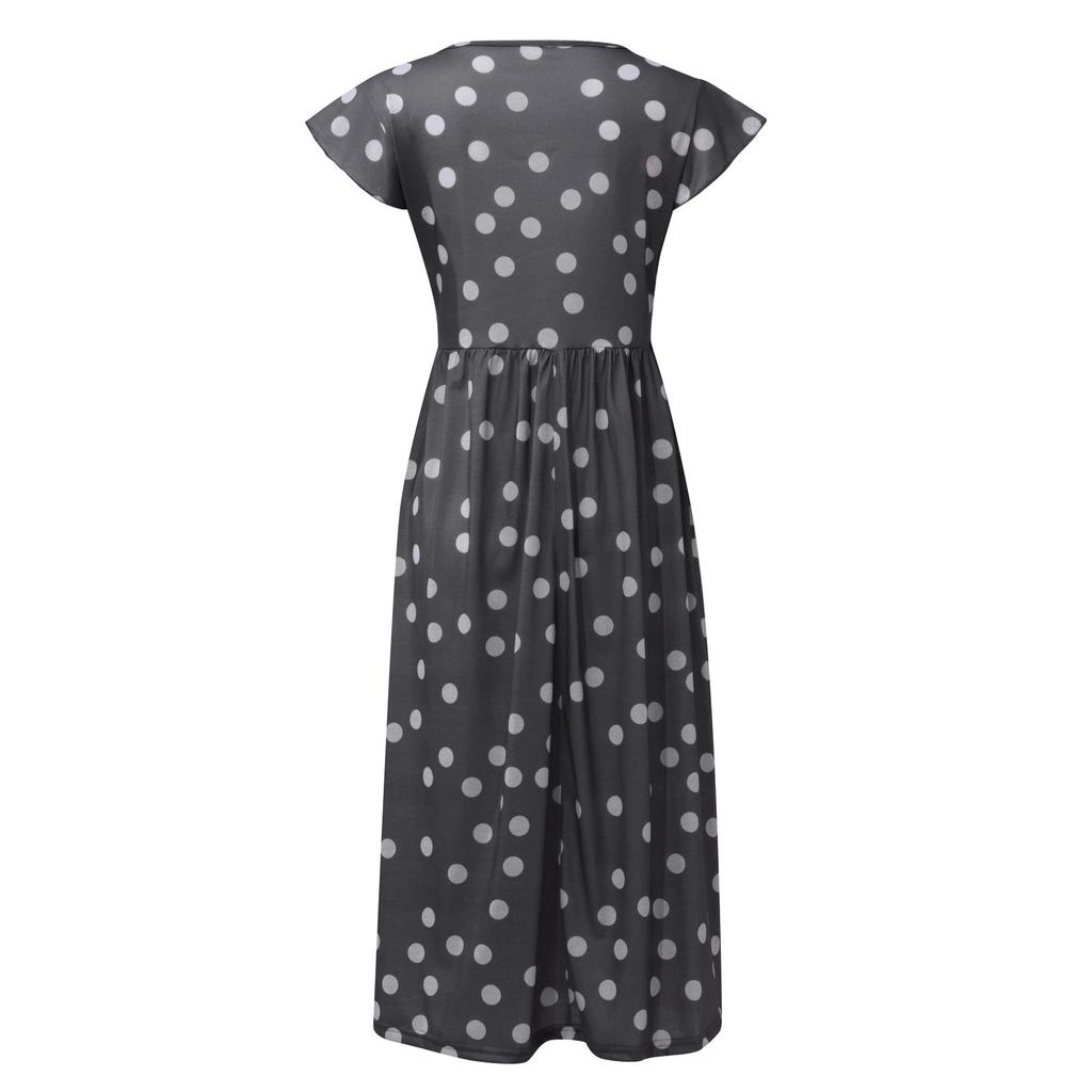 Moda Donna Primavera Estate Scollo a V Vita Orlo Ampio Abito Stampa a Pois