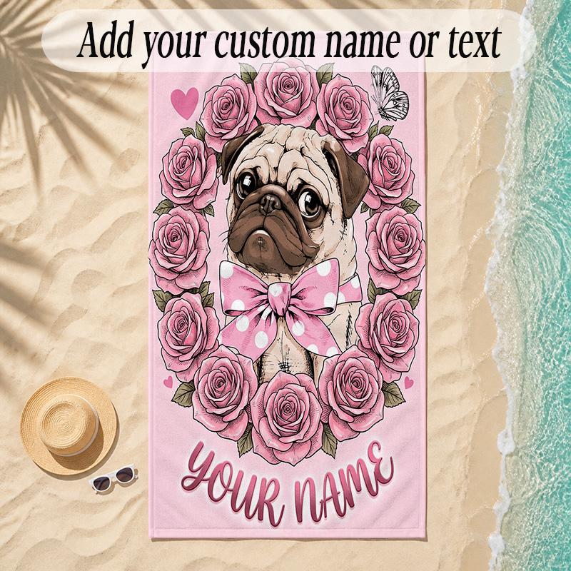 Pug Theme Soft Beach Towel Personalized Custom Name Text Towel Portable for Beach Pool Travel