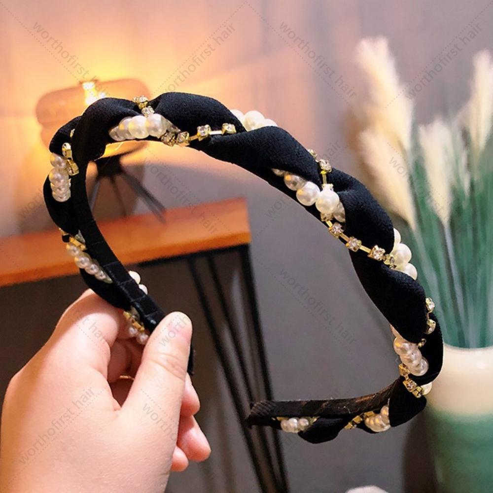 

Однотонная повязка для волос с витыми жемчужинами и стразами для женщин, девушек, запутанные волосы, обруч для волос, сказочная повязка на голову, нескользящий головной убор, аксессуар для волос