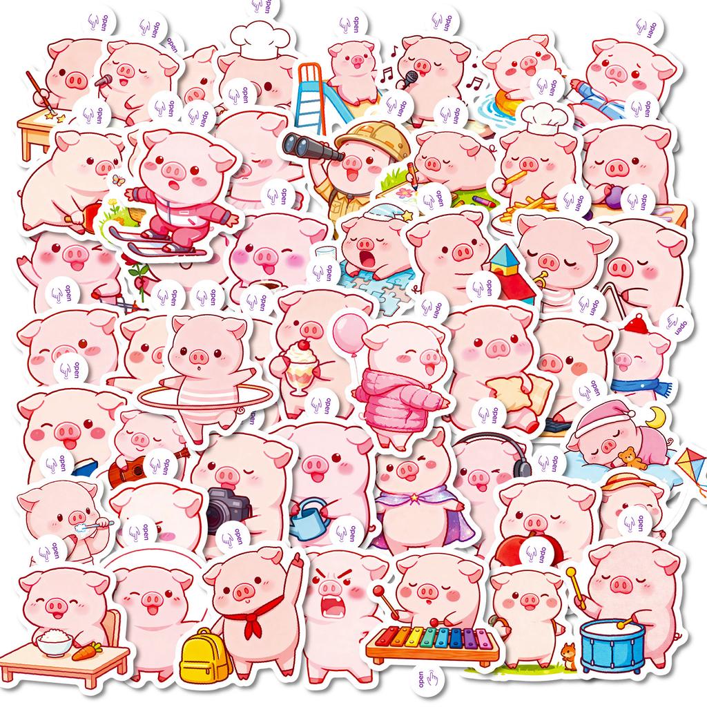 50/100 Pcs Fun Cartoon Pink Pig Funny Theme Stickers No Repeat for Stationery Box Notebook Helmet Car Scooter Suitcase Decals