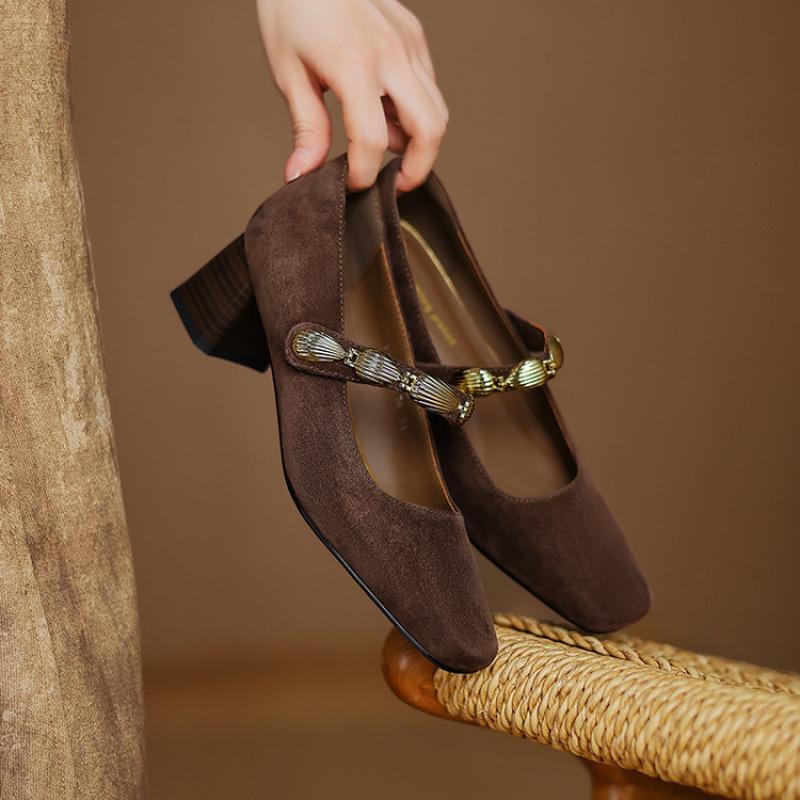 New Four-season Wear High-heeled Small Leather Shoes Comfortable Leather Large-size Single Shoes Women's Square Head Beef Tendon Sole Suede Cowh