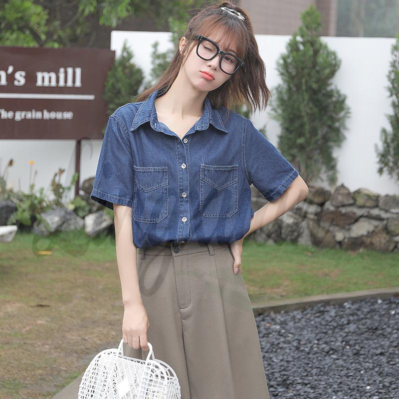 

Drapey Women s Korean Style Short Sleeve Denim Shirt - Lightweight Spring/Summer Layering Top S синий