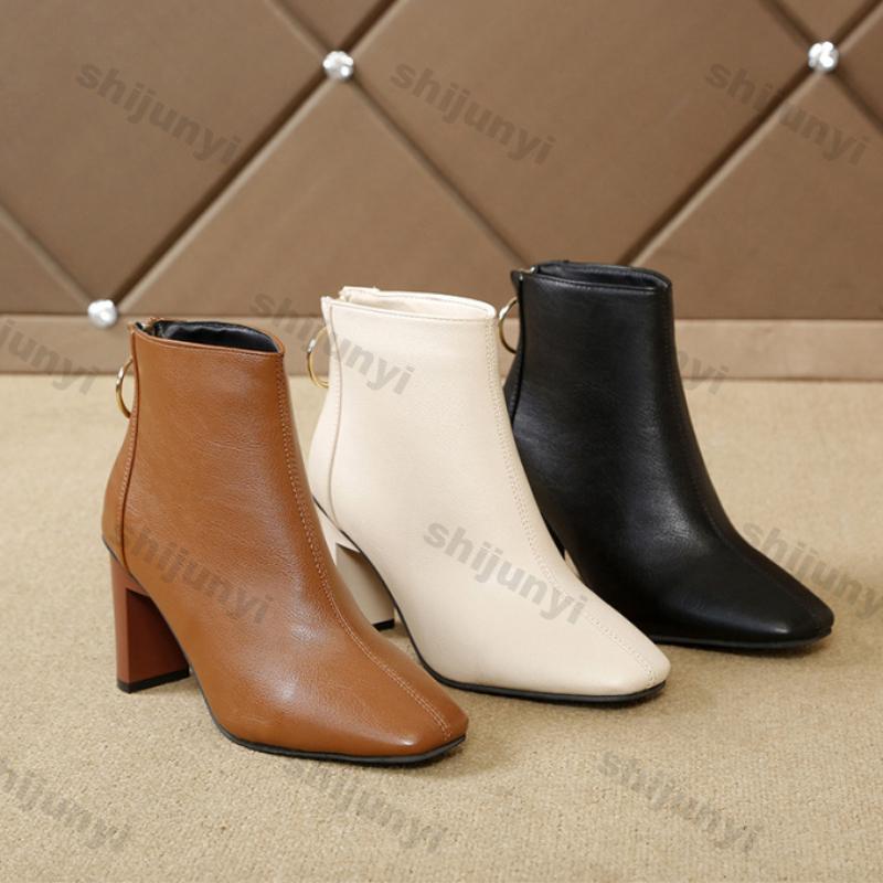 Thick Heel Black Short Leather Boots for Women New Autumn Winter High-heeled Women Square Toe Thick Heel Back Zipper Single Boot