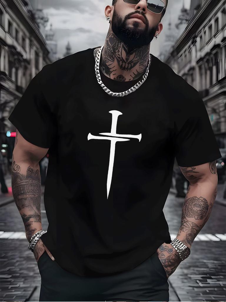 Unisex Summer Cotton T Shirt Nail Cross Graphic Print Short Sleeve Crew Neck Casual Streetwear Loose Fit Fashion Daily Unisexs Tops