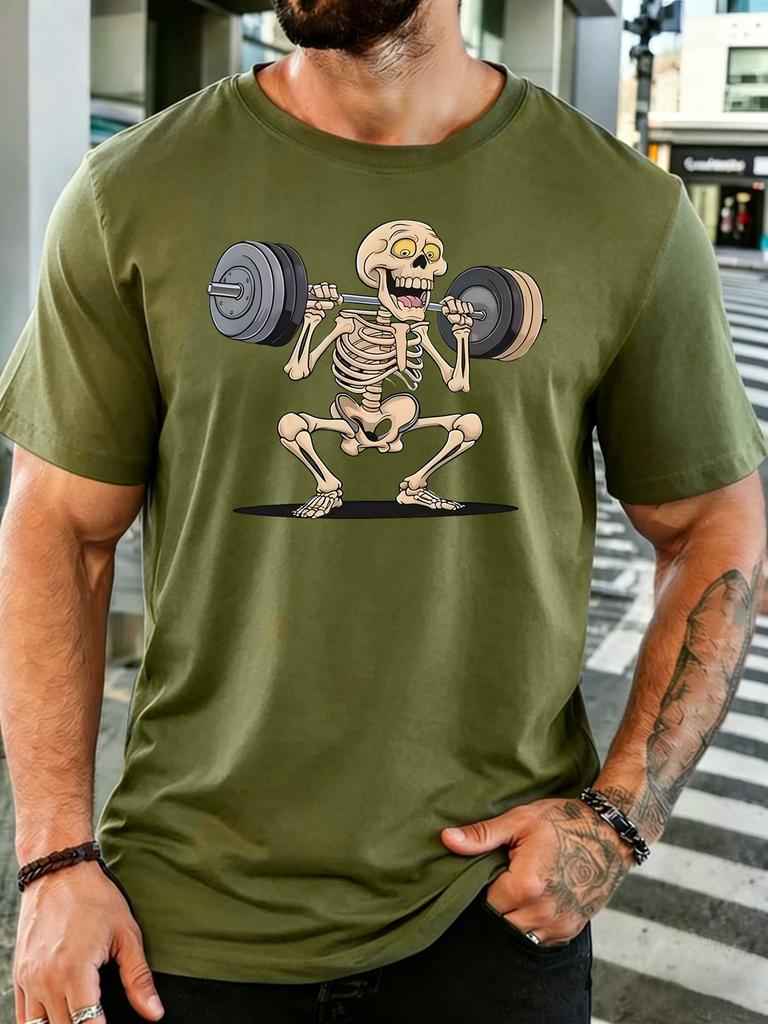 Squatting Skeleton Lifting Barbell Gym Graphic Unisexs Crew Neck Short Sleeve Cotton T Shirt Fitness Male Workout Casual Tee