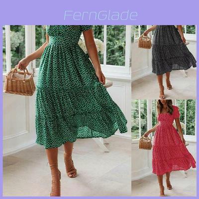 Elegant Women Polka Dot Boho Ruffle Maxi Beach Dress With Square Neckline