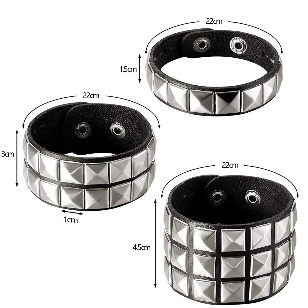 Black Leather Goth Square Washer Rivet Bracelet Cuff Wristband Punk Stainless Steel Bracelets for Armbands Men Women Party Gift