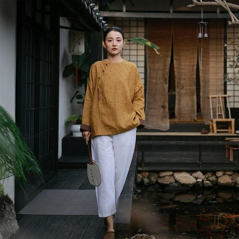 Johnature Women Vintage Shirts Print Floral O-Neck Long Sleeve Blouses Spring Button Chinese Style Shirts